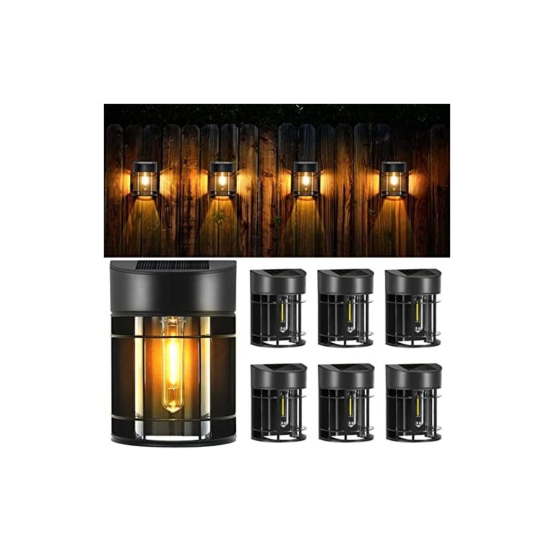 Solar Fence Outdoor 6 Pack Solar Deck LED Tungsten Filament Bulb Vintage Style Lamp Decorative Solar Wall for Post Patio Yard P