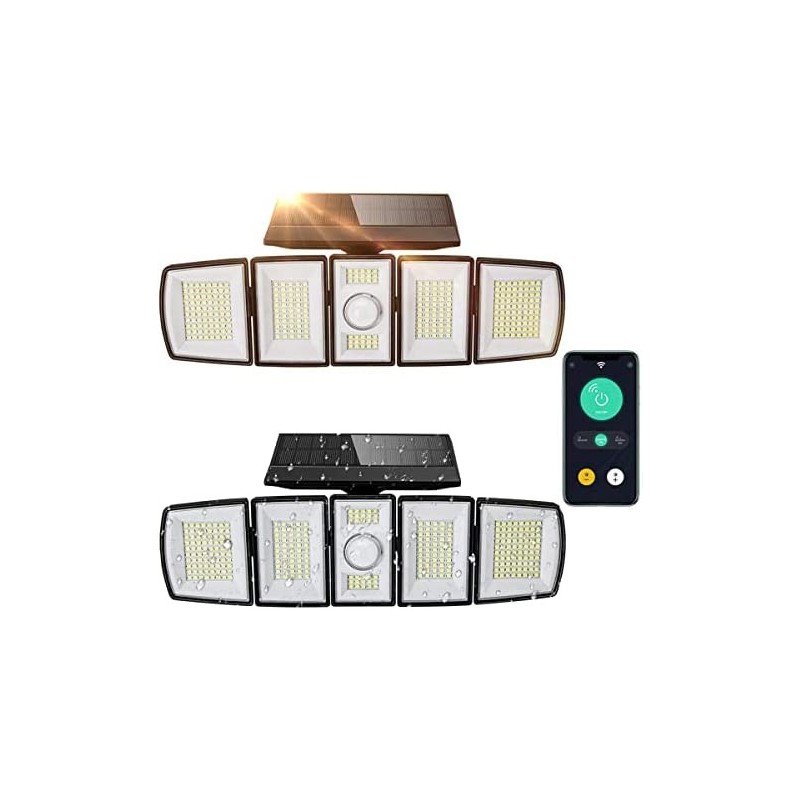 Solar Outdoor APP Control 2 Pack 300 LED Motion Sensor Wireless 5 Adjustable Heads 360° Wide Angle Illumination IP65 Waterproof