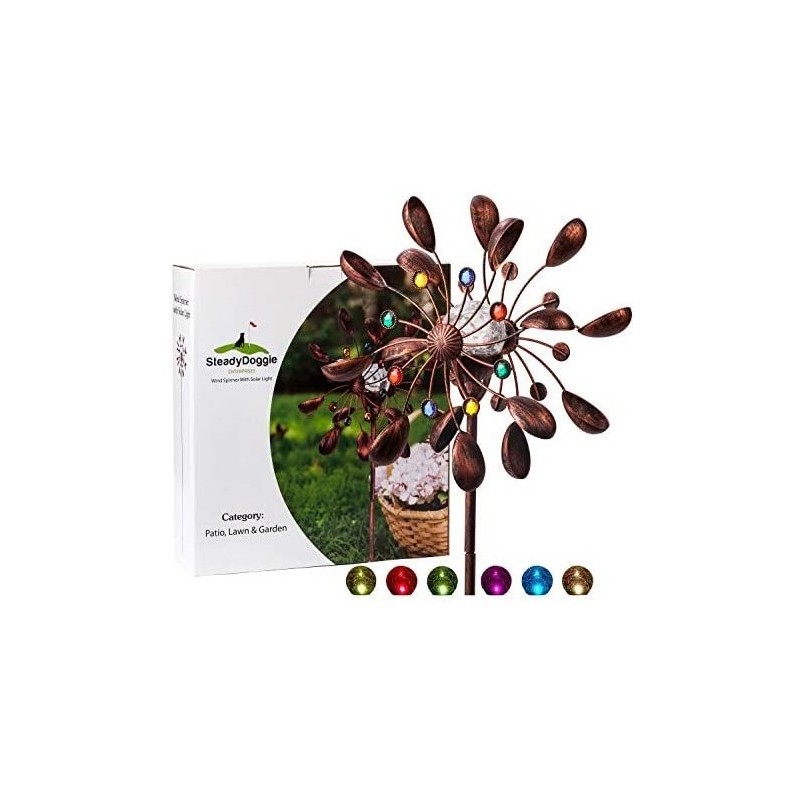 SteadyDoggie Solar Wind Spinner New 75in Jewel Cup Multi-Color Seasonal LED Solar Powered Glass Ball with Kinetic Wind Spinner