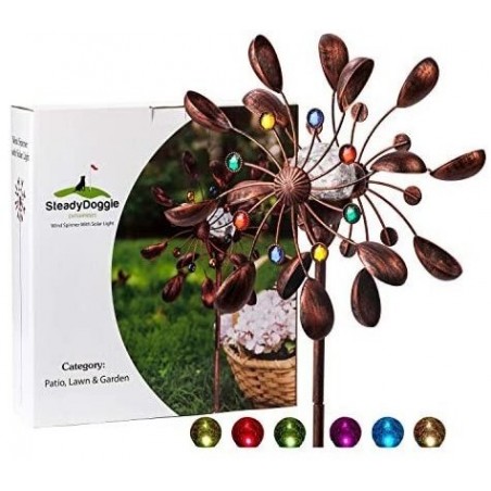 SteadyDoggie Solar Wind Spinner New 75in Jewel Cup Multi-Color Seasonal LED Solar Powered Glass Ball with Kinetic Wind Spinner