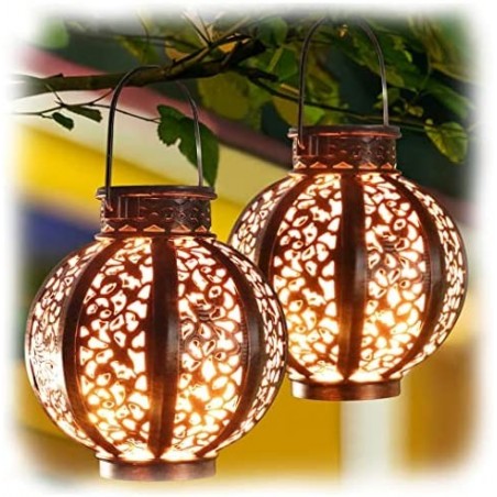MAGGIFT 2 Pack Hanging Solar Lanterns Retro Solar with Handle Outdoor Christmas Solar Garden Decor for Yard Tree Fence Patio 6