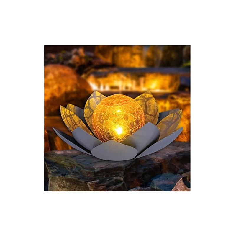 Huaxu Solar Outdoor Garden Decor  Amber Crackle Globe Glass Lotus DecorationWaterproof Gray Metal Flower for PatioLawnWalkwayTa