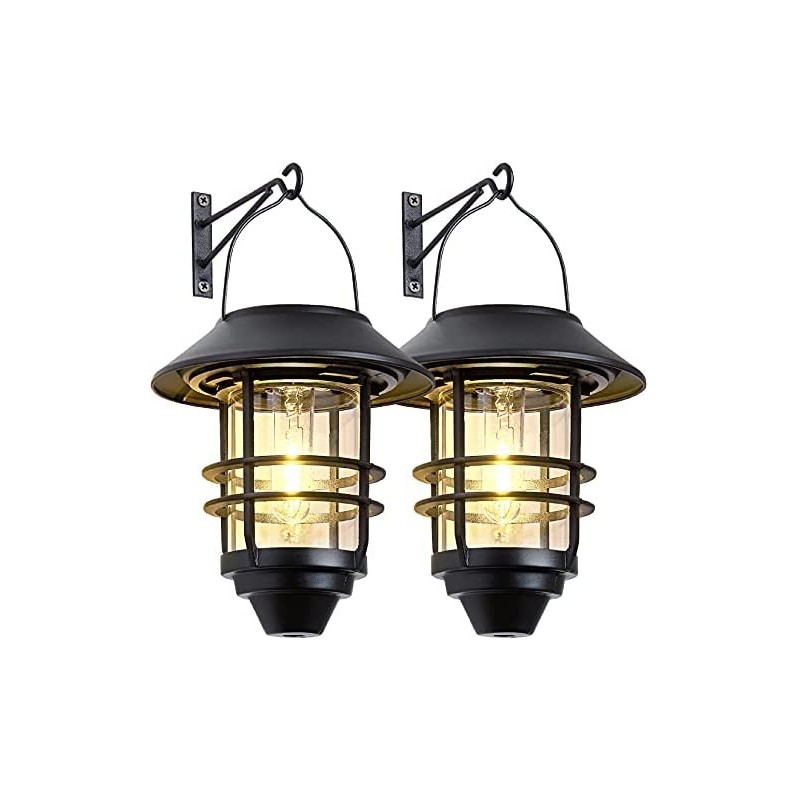 Solar Lantern Outdoor Hanging Wireless Waterproof Lantern with Wall Mount Kit for Garden Porch Fence 2 Pack