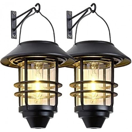 Solar Lantern Outdoor Hanging Wireless Waterproof Lantern with Wall Mount Kit for Garden Porch Fence 2 Pack